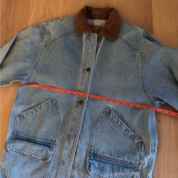 Kenji Barn Coat Vintage Denim Chore Jean Jacket Corduroy Collar Long cinch Med - Picture 13 of 14